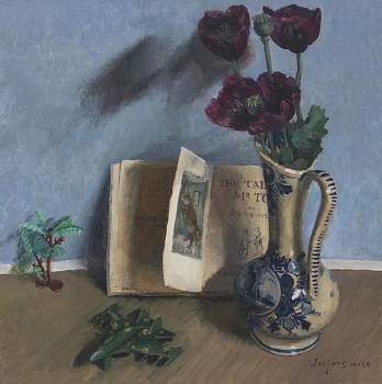 weyers du toit mr tod flies fancy poppies in delft blue beatrix potter s the tale of mr tod and a plastic fighter jet and palm tree. 40 x 40cm resized