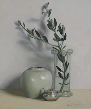diane mclean still life with olive branch and ginger jar