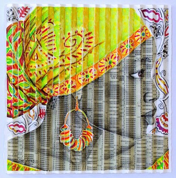 felicia with chartreuse scarf 23 x 23cm mixed media with newsprint collage 2022 004