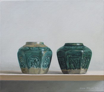 diane mclean two turquoise ginger jars 2023 oil on canvas 32 x 36cm gkac
