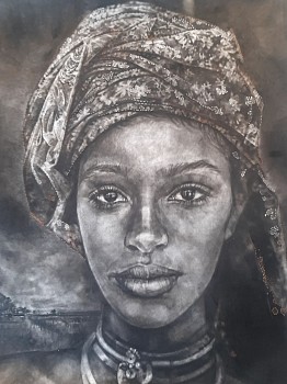 corlie de kock....sy glinster in die gras soos die reen. charcoal on cotton rag 135 x 165cm gkac