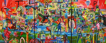 andrew mogridge red skies over paradise acrylic on canvas 150 x 360cm