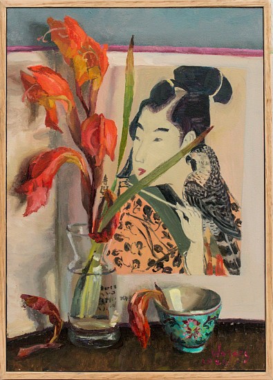 Weyers du Toit, Falconer Gladioli with woodblock by Chobunsai Eshhin
oil on panel