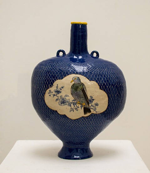 Lisa Ringwood, Blue hand-built, coiled vessel with African green pigeon and African olive pigeon<br />
<br />
glazed ceramic vessel