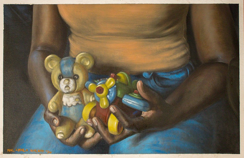 Nhlanhla Nhlapo, Lerato holding toys
oil on canvas paper