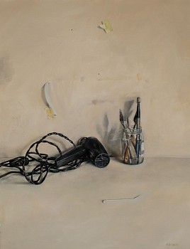 michelle davidson studio 1 hair dryer and cable tie oil on board 50 x 65cm