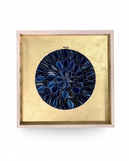 Nicki Friedlein, Fractal
168 handcut & assembled denim circles, bamboo hoop on gold painted board